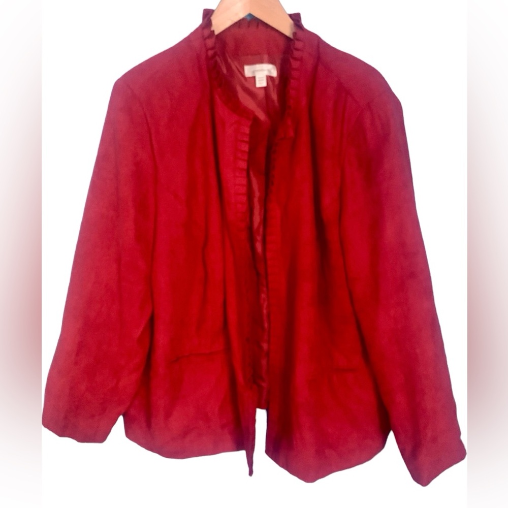 Dress Barn Red Faux Suede Ruffle Front Blazer Jacket VTG Size 22/24